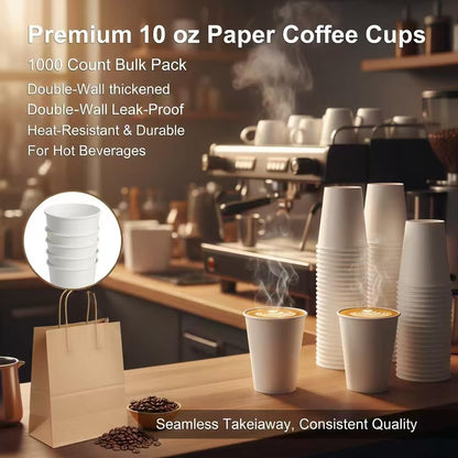 Nosttuff Coffee Cups 10 oz 1000 Pack - Leakproof & Sturdy Disposable Paper Cups for Hot & Cold Drinks (BPA Free), Bulk White Paper Cups for Office, Home, Cafe, Party, Events