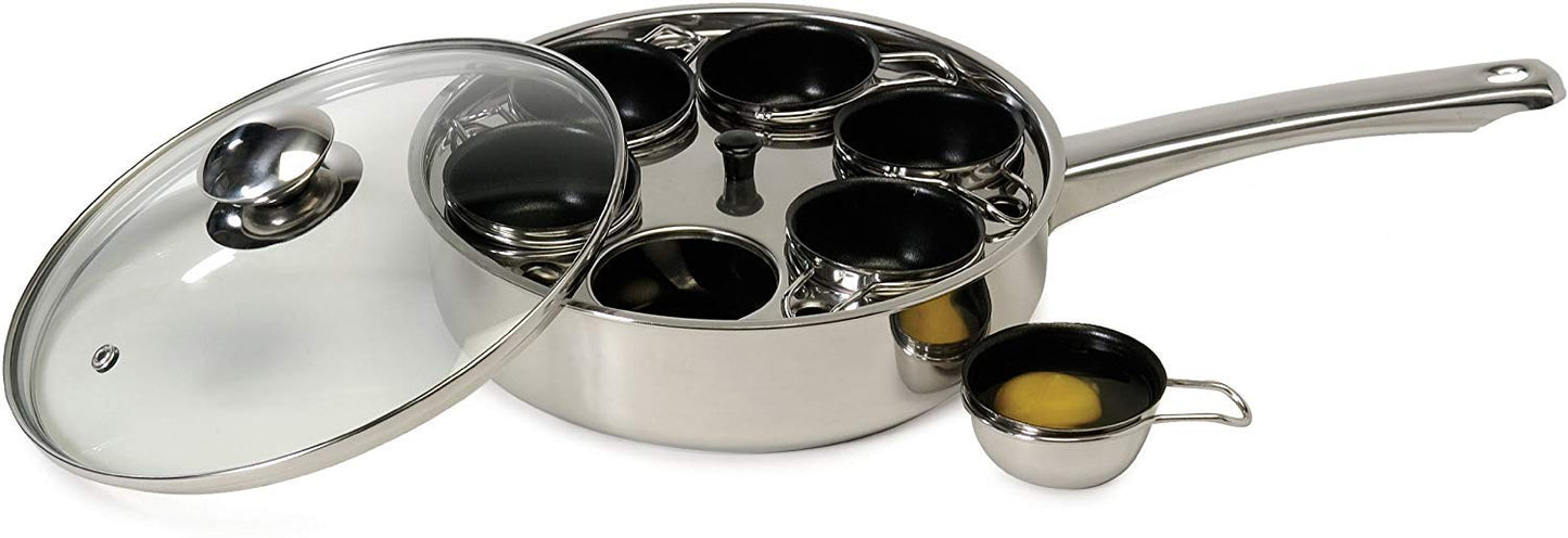 EXCELSTEEL Non Stick Easy Use Rust Resistant Home Kitchen Breakfast Brunch Induction Cooktop Egg Poacher, 6 Cup, Stainless Steel, Round