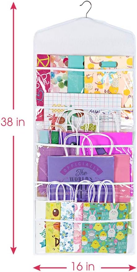 Primode Gift Bag Organizer - Double-Sided Hanging Storage with Multiple Pockets | 38 x 16 Inch (White)