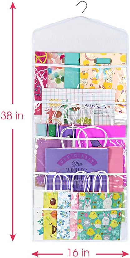 Primode Gift Bag Organizer - Double-Sided Hanging Storage with Multiple Pockets | 38 x 16 Inch (White)
