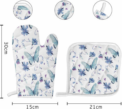 Chic D Kitchen Oven Mitts Gloves and Pot Holders Sets, Blue Butterfly Flowers Heat Resistant Non-Slip for Cooking, BBQ,
