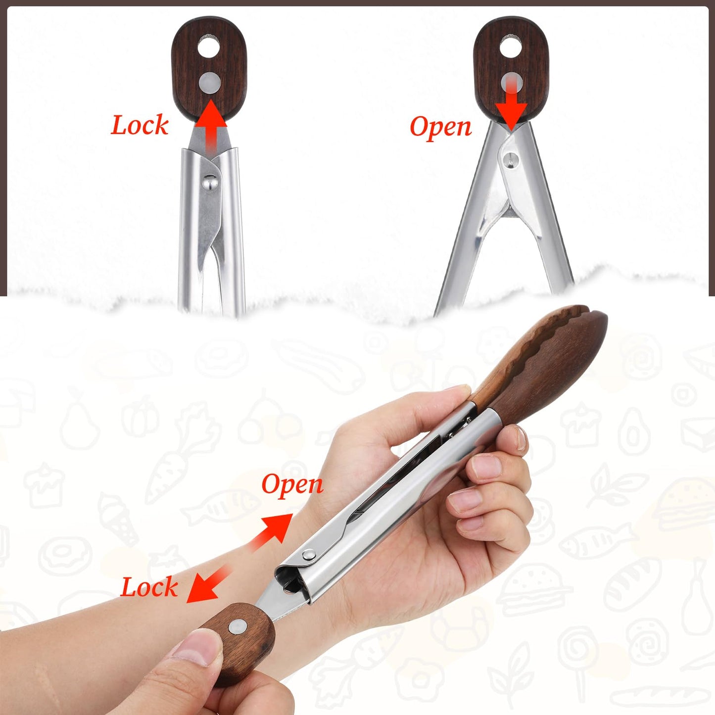 Oqqlin 2 Pcs Wooden Tongs for Cooking, 9 & 10 Inch Durable Salad Tongs with Walnut Wood Tip Multifunctional Stainless Steel Handle Kitchen Tong for Serving Food, Bread, BBQ, Tossing Salad - Lock Dsign