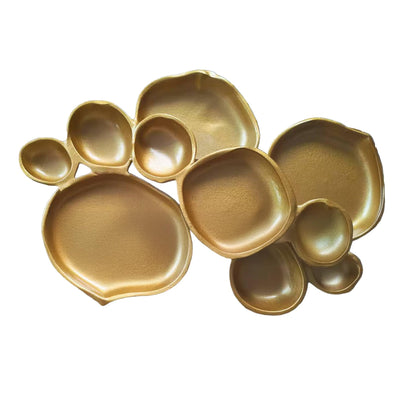 Foovslzw Set of 10 Gold Round Serving Bowls, 17 Inch Decorative Snack Tray Set for Chip & Dip, Nuts, Appetizers, Strong Brass & Enamel Home Decor for Entertaining, Parties, Weddings