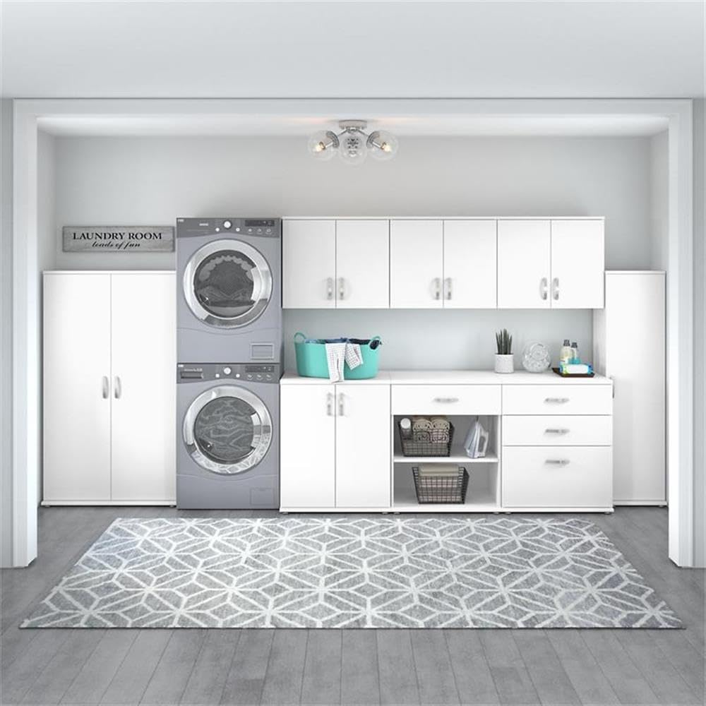 Maklaine Engineered Wood Laundry Room Cabinet, 28W x 25D x 34H, White Finish, Adjustable Shelves, 2 Doors with Euro Hinges, Freestanding Utility Storage for Laundry Room Organization