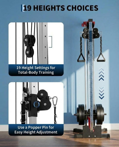 Wall Mount Cable Machine, Dual Pulley Cable Crossover & LAT Pulldown System for Home Gym with 19 Adjustable Positions, Tricep Rope, LAT Bar & Footboard, Space-Saving Garage Fitness Equipment