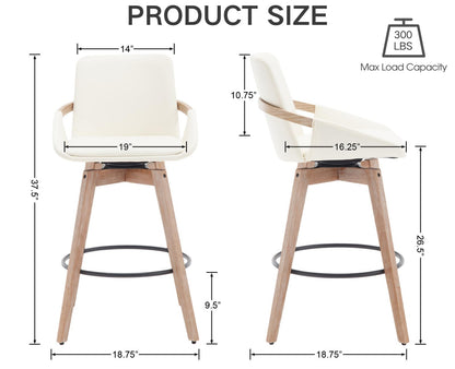 CIMOTA Leather Swivel Bar Stools Set of 4, Mid-Century Modern Counter Height Chairs with Faux PU Upholstery and Natural Wooden Legs for Kitchen Island, 26 Inch/Beige