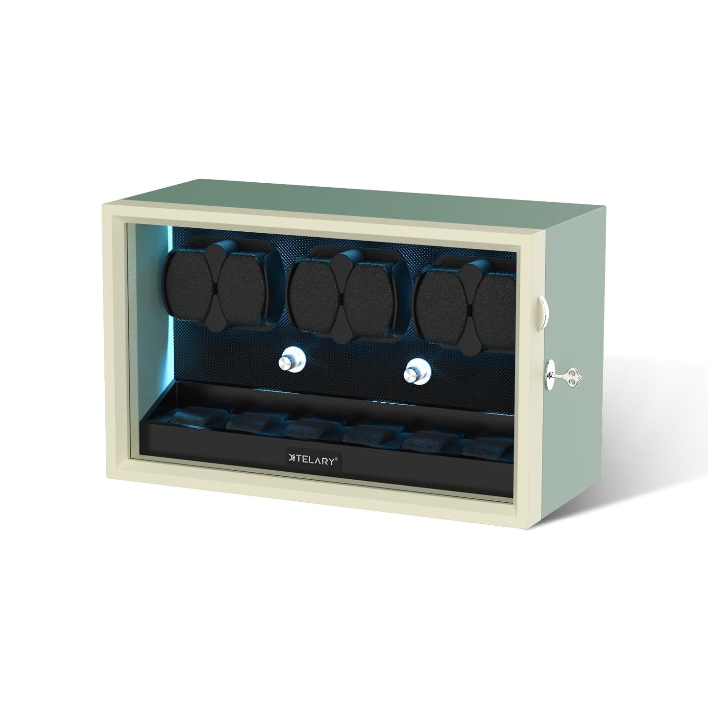XTELARY Watch Winder for 6 Automatic Watches, Green Lockable Automatic Winders with Extra 6 Watch Storages, 4 Rotation Modes, Flexible Watch Pillows, Quiet Mabuchi Motor, and Blue Backlight