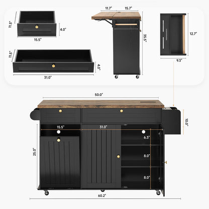 ComfyCorner 60" Rolling Large Kitchen Island on Wheels with Extendable Table, Drop Leaf & Power Outlet, Mobile Kitchen Cart with Storage Cabinet, 2 Drawers, Spice Rack, Towel & Knife Holder, Black