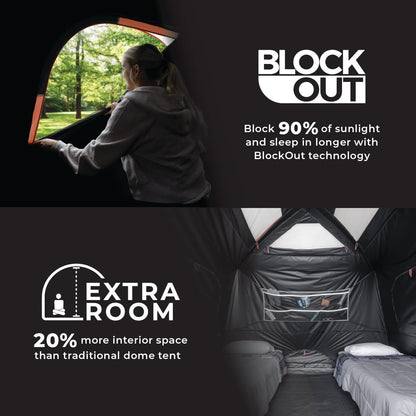 CORE Blackout 6 Person Dome Tent | Portable Car Camping Outdoor Family Dark Room Tent | Included Wall Organizer for Camping Accessories
