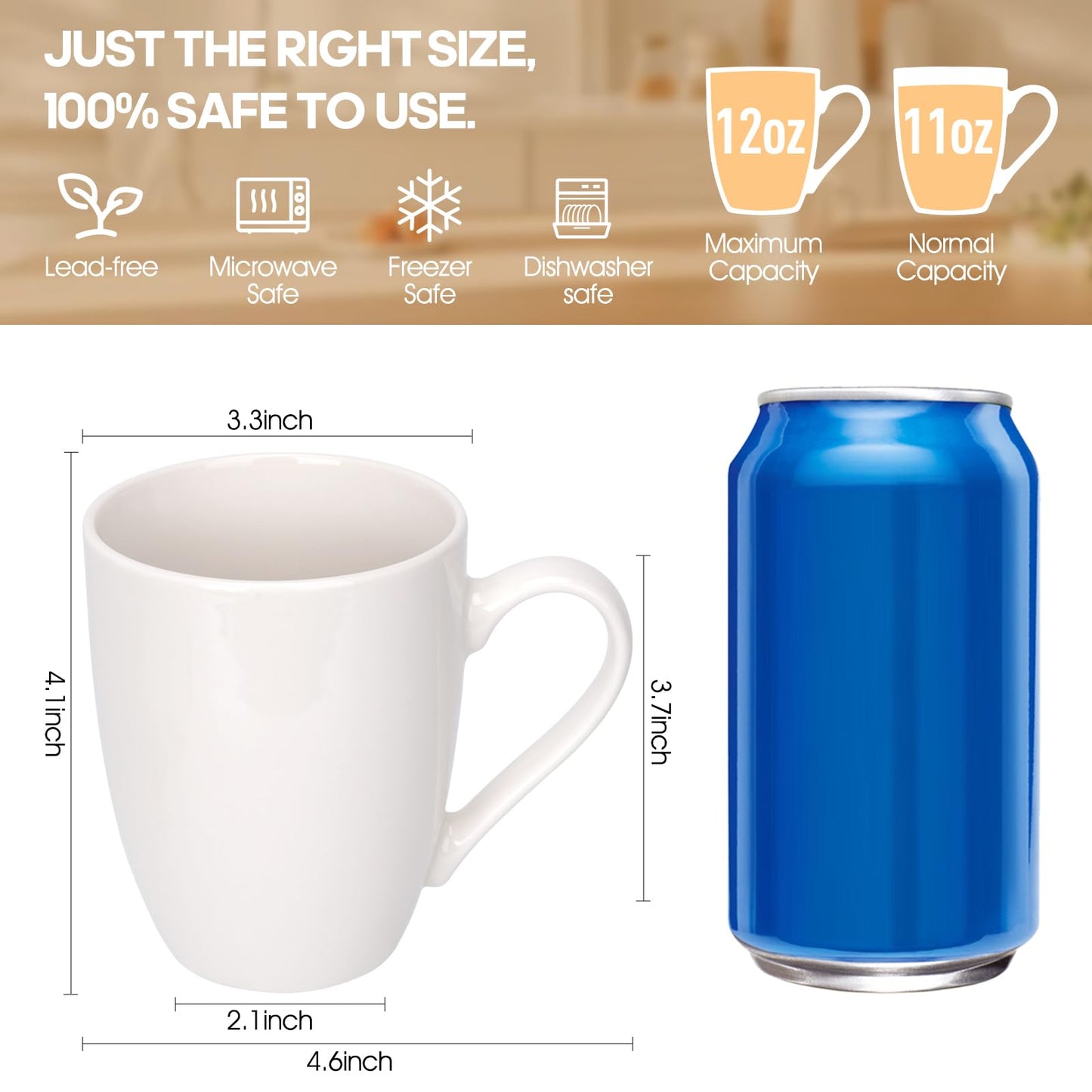 xihihiaa 4 Pack Ceramic Coffee Mugs Set, 12 OZ Porcelain Coffee Cups with Handle, Hot Tea, Americano, Mocha, Milk, Latte, Snow, Dishwasher and Microwave Safe, Coffee Mugs Set of 4 White