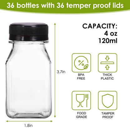 Moretoes 36pcs 4oz Juice Bottles, Small Plastic Bottles with Caps, Reusable Clear Containers with Lids for Juicing, Smoothie and Other Beverages