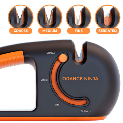 Orange Ninja 4-Stage Knife Sharpener & Serrated Knife Sharpener– Repairs, Sharpens & Polishes Blades with Ergonomic Non-Slip Grip