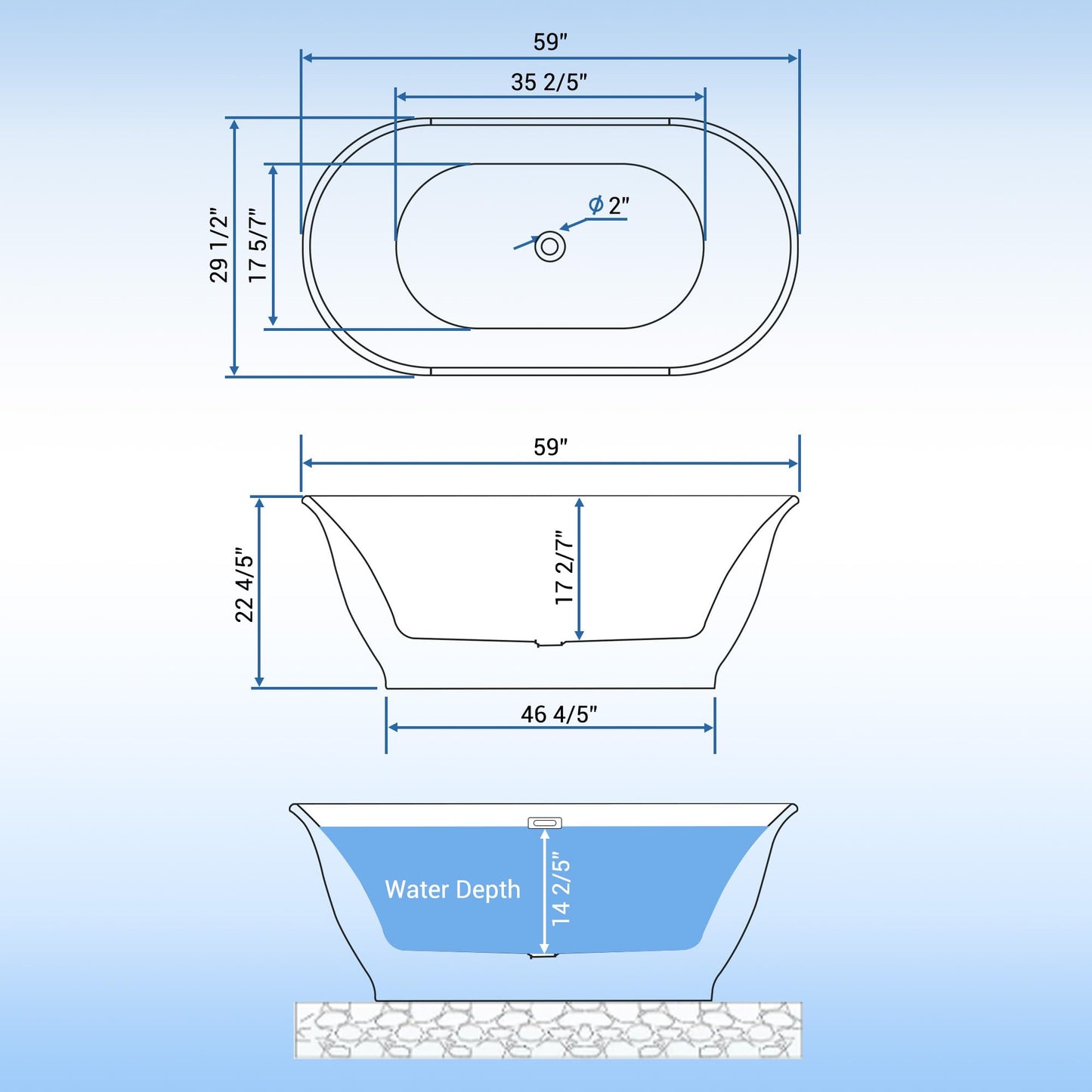 59 inch Acrylic Oval Rim Freestanding Bathtub, Full White, Comfort Soaking Tub for Home Spa & Muscle Recovery, Pop-Up Chrome Drain, Free Standing Bathtub for Bathroom
