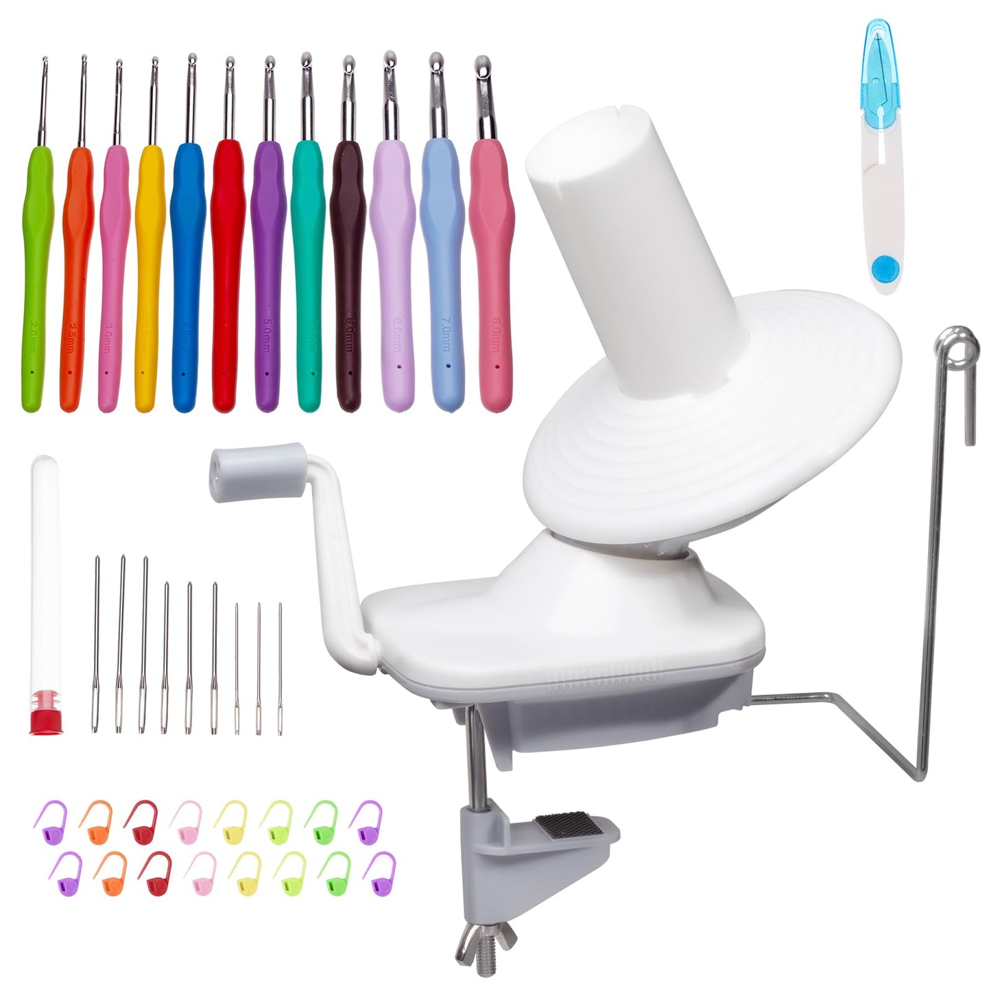 AMZTKDIY Yarn Winder Set with 12 Crochet Hooks | Electric & Manual Ball Winder for Crocheting | Large 10(3.5) oz Capacity, Stepless Speed Control, Low Noise (White-Gray (Manual Capacity 3.5oz))