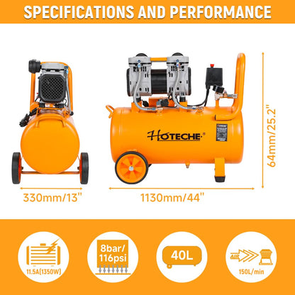 HOTECHE 10.5 Gallon Silent Oil-Free Air Compressor, 115 PSI 1.8HP High Pressure Ultra Quiet Electric Air Pump with Dual Cylinders, 150L/Min High Flow for Home Garage, Workshop, Painting & Air Tools