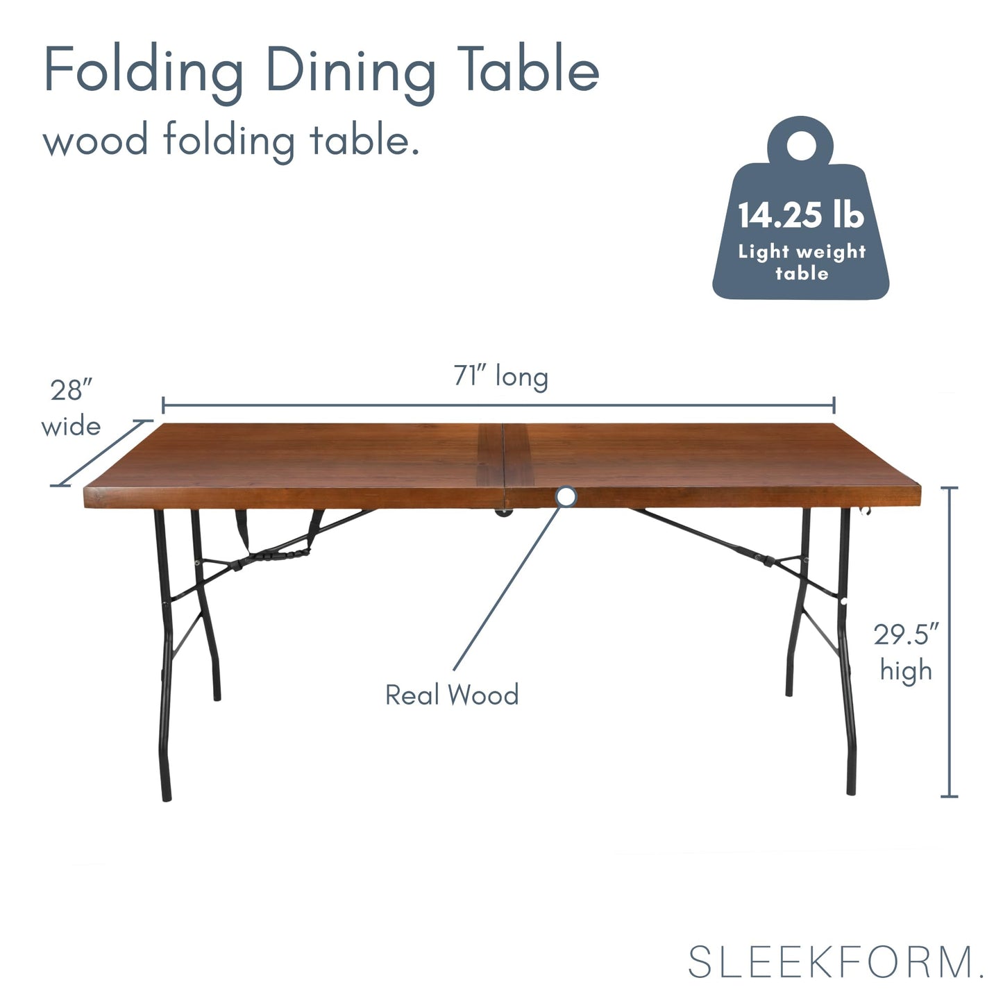 Sleekform 6ft Wooden Folding Table with Handle, Wood Folding Banquet Tables for Dinner - 6 Foot x 28 in, Portable, Sturdy & Lightweight Foldable Table for Dinner, Conference or Picnic - Walnut