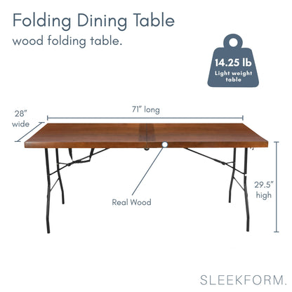Sleekform 6ft Wooden Folding Table with Handle, Wood Folding Banquet Tables for Dinner - 6 Foot x 28 in, Portable, Sturdy & Lightweight Foldable Table for Dinner, Conference or Picnic - Walnut