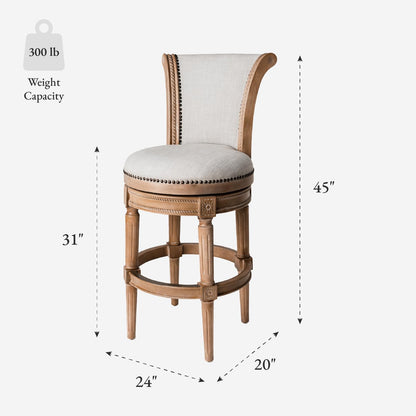 Maven Lane Pullman Bar Stool 31 Inches – Set of 2 – Swivel Stools with Footrest – Light Brown Solid Wood Frame & Natural Fabric Upholstery – Perfect for Bars, Pub Tables & Tall Kitchen Counters