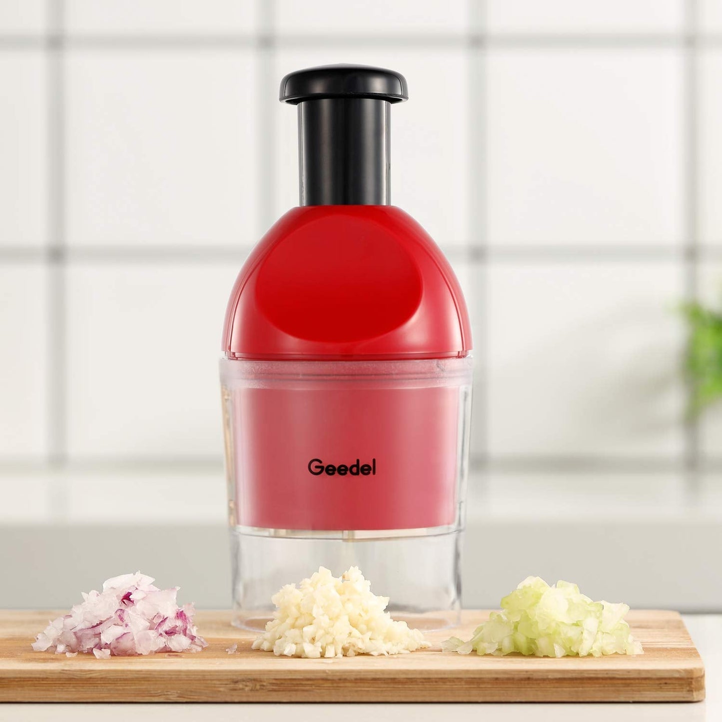 Geedel Food Chopper, Easy to Clean Manual Hand Vegetable Chopper, Dishwasher Safe Slap Onion Cutter for Veggies Onions Garlic Nuts Salads Red