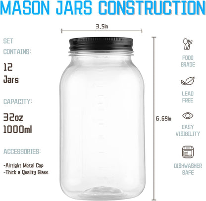 novelinks 32 OZ Clear Plastic Mason Jars with Airtight Lids - 12 PACK Plastic Jars for Kitchen & Household Storage