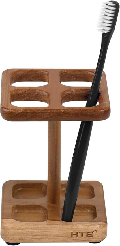 HTB Toothbrush Holder - Teak Bathroom Organizer for Countertop | Versatile Storage for Brushes & Razors