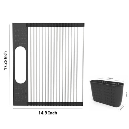 KEGFRES Roll Up Dish Drying Rack Over Sink, 17.5" x 15.2" Foldable SUS304 Stainless Steel Kitchen Dish Drainer, Heat-Resistant Multipurpose Rolling Sink Rack Organizer,Black