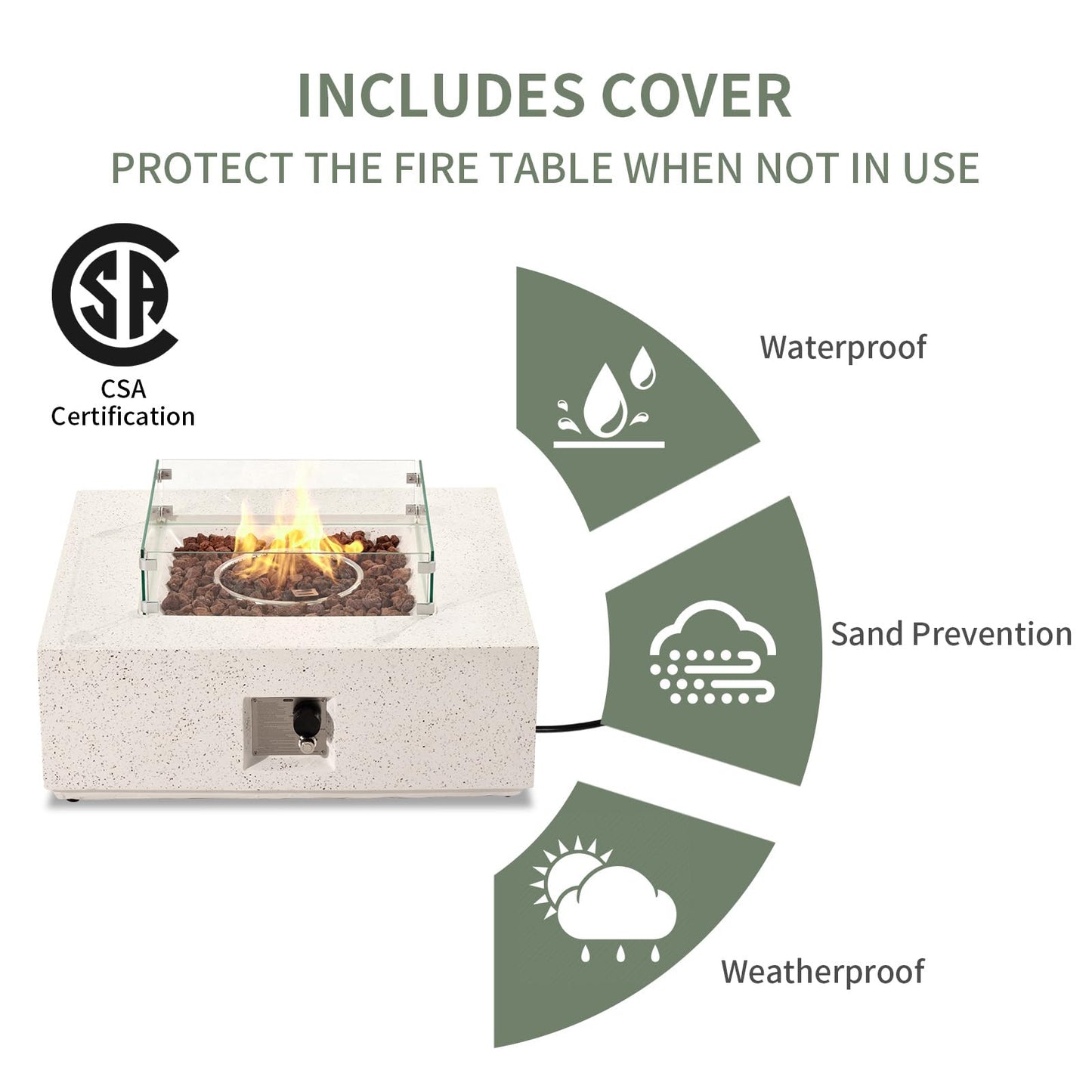 COSIEST 35-inch Square Outdoor Sandstone Propane Fire Pit w Wind Guard and Side Table, Certified, 50,000 BTU Stainless Steel Burner, Free Lava Rocks and Rain Cover, Metal Lid(Beige)