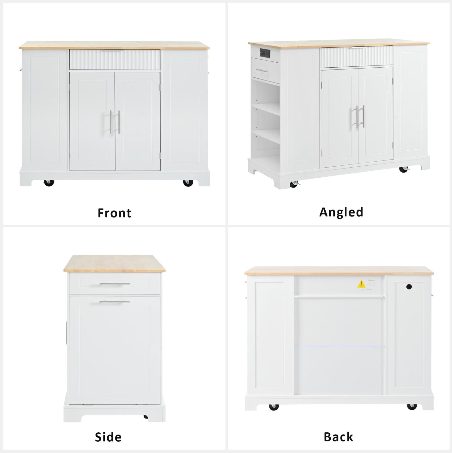 Ball & Cast Fluted Kitchen Island with Trash Can Storage Cabinet,Power Outlet,Internal Storage Rack,Rolling Kitchen Islands On 5 Wheels W/ 3 Drawer & 3 Open Side Racks for 10 Gallon Garbage Bin,White