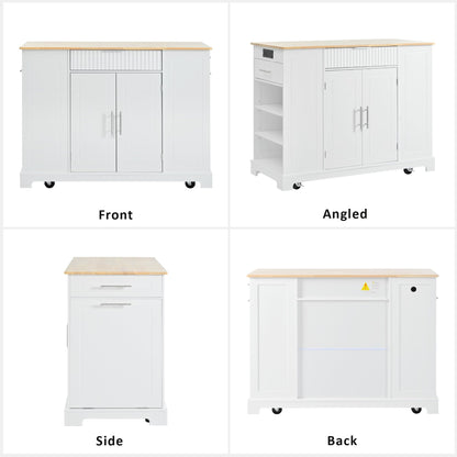 Ball & Cast Fluted Kitchen Island with Trash Can Storage Cabinet,Power Outlet,Internal Storage Rack,Rolling Kitchen Islands On 5 Wheels W/ 3 Drawer & 3 Open Side Racks for 10 Gallon Garbage Bin,White