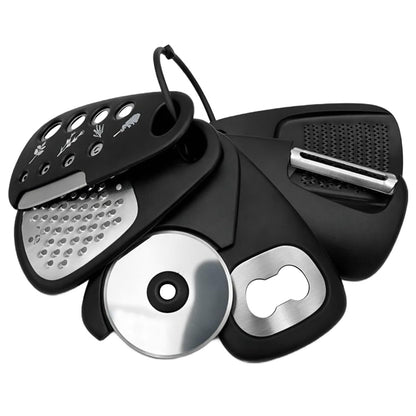 6-Piece Unique Kitchen Gadget Set in Black, Stackable Space-Saving Tools Including Grater, Peeler, Pizza Cutter, and Bottle Opener