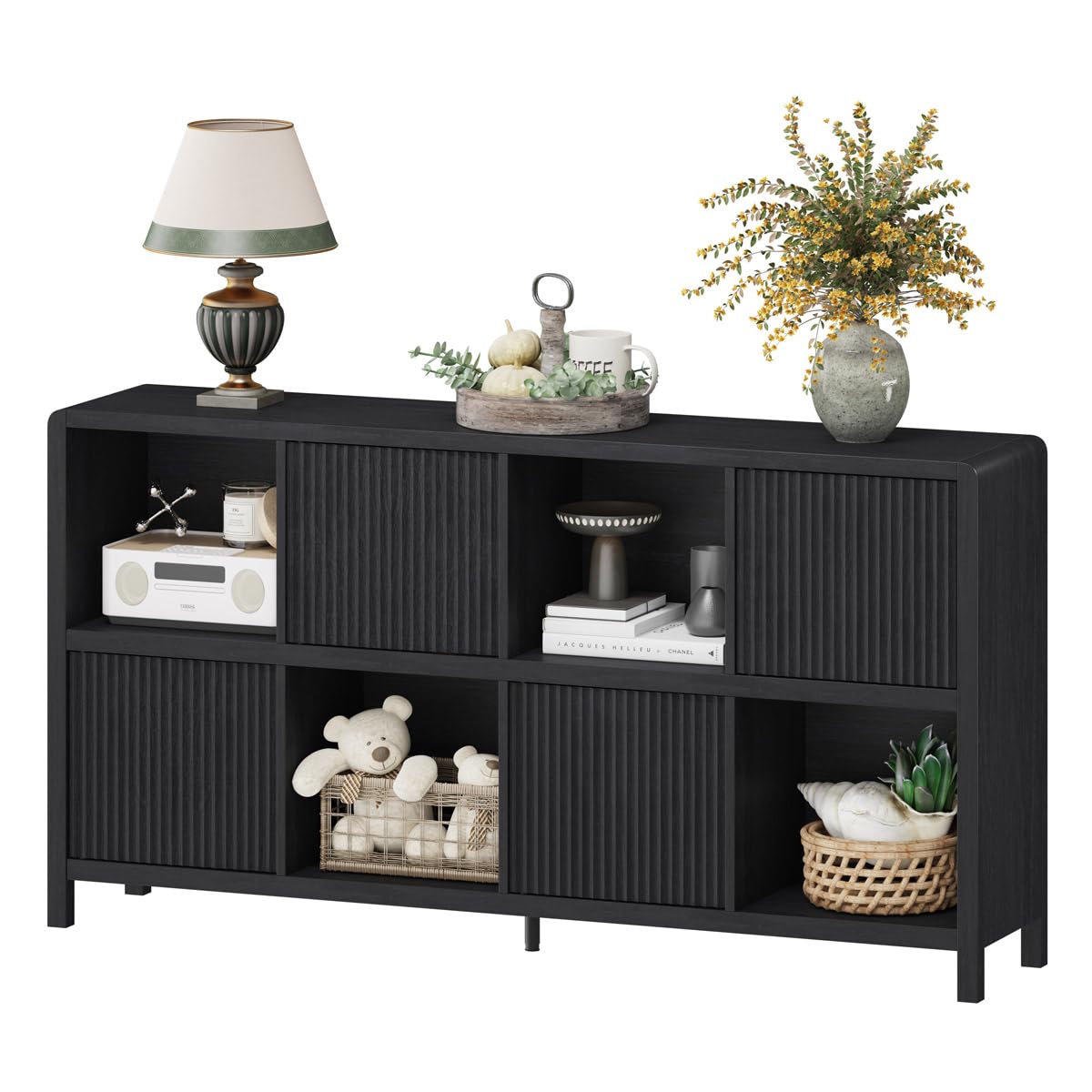 FATORRI 8 Cube Storage Organizer Bookshelf with 4 Doors, Low Horizontal Bookcase with Storage, Long Wood Book Shelf for Dining, Home Office (Black)