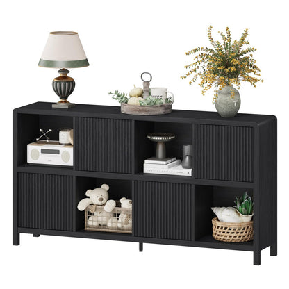 FATORRI 8 Cube Storage Organizer Bookshelf with 4 Doors, Low Horizontal Bookcase with Storage, Long Wood Book Shelf for Dining, Home Office (Black)