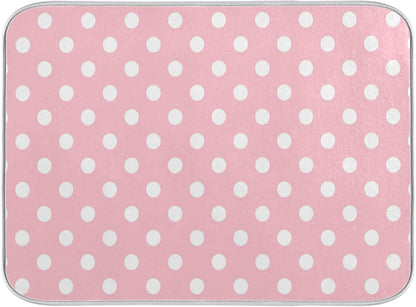 Pink White Polka Dot Dish Drying Mat for Kitchen Counter, 18 x 24 Inch Absorbent Microfiber Drainer Mat