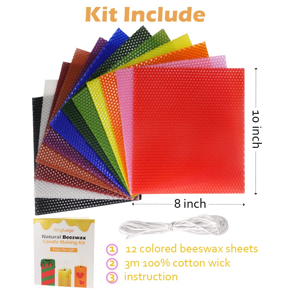 Bingfuego Beeswax Candle Making Kit for Kids - 12 Sheets for Rolling, Natural Candle Making Kit (Classic Color, 10 x 8 inch)