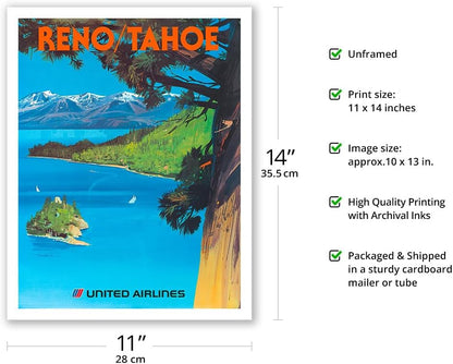 Reno Nevada - Lake Tahoe California Vintage Airline Travel Poster, 11x14in