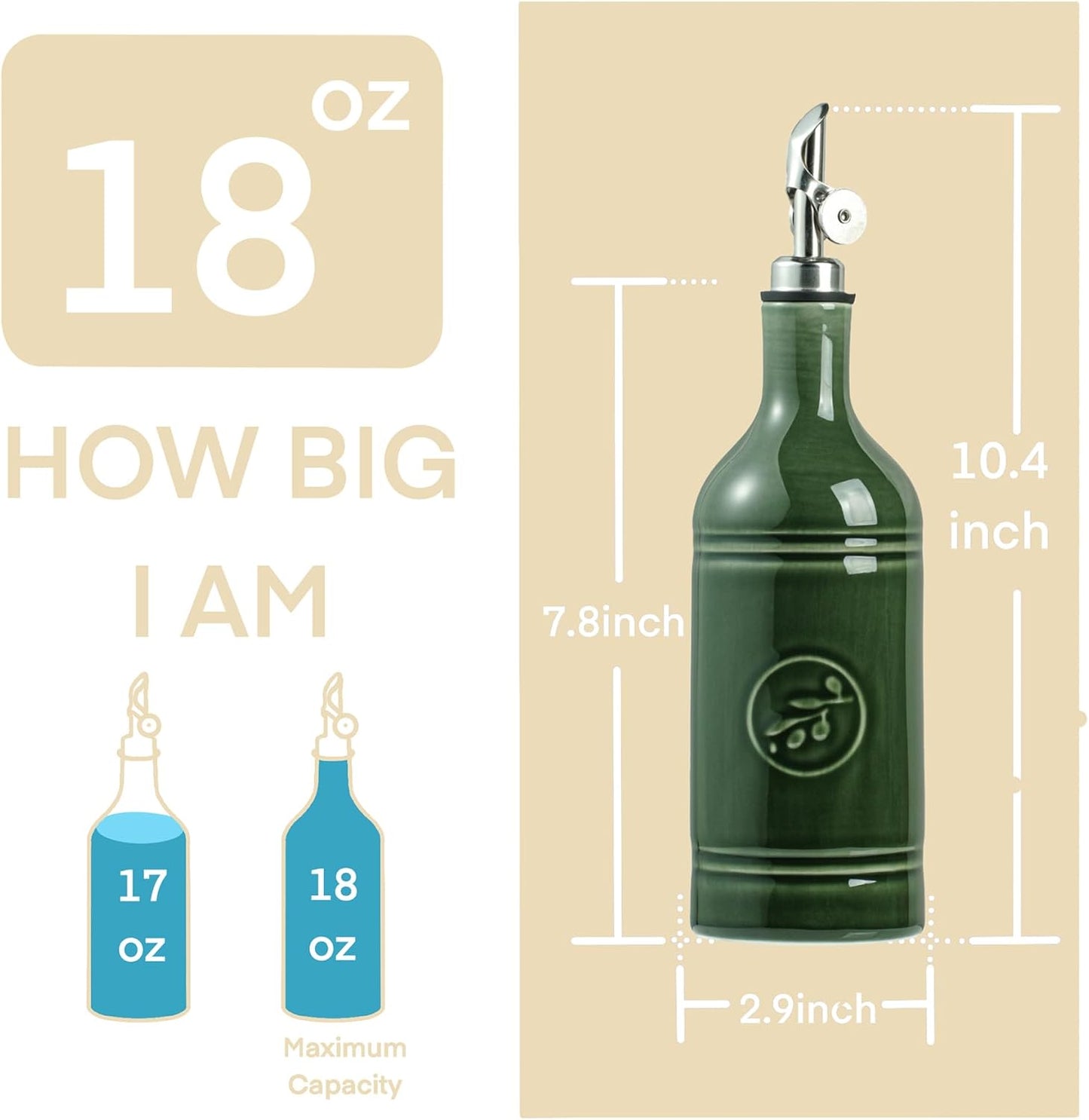 18 oz Pack 1, Olive Oil Dispenser Bottle with Spout, Ceramic Oil Dispensers for Kitchen, Opaque Cruet, EVOO & Vinegar