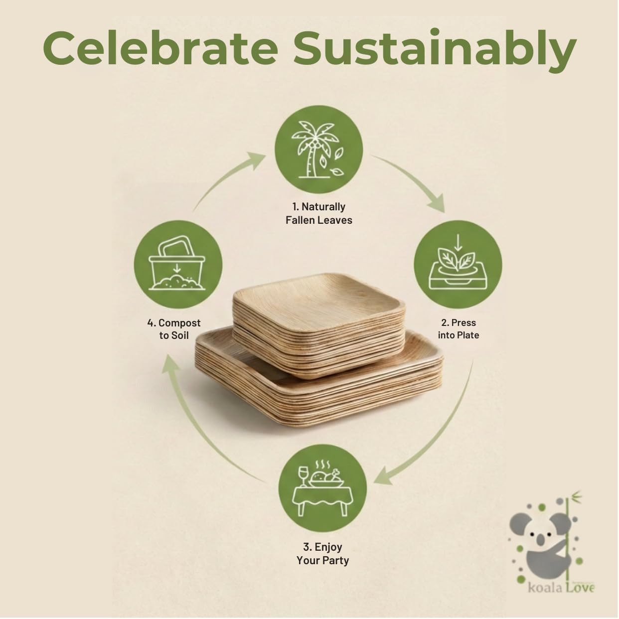 Koala love Palm Leaf Plate Bamboo Paper Plates Disposable 10 Inch & 7 Inch Bulk Party Pack Eco Compostable Biodegradable Wooden Plate Best Alternative To Plastic Paper Plates (50 pc)