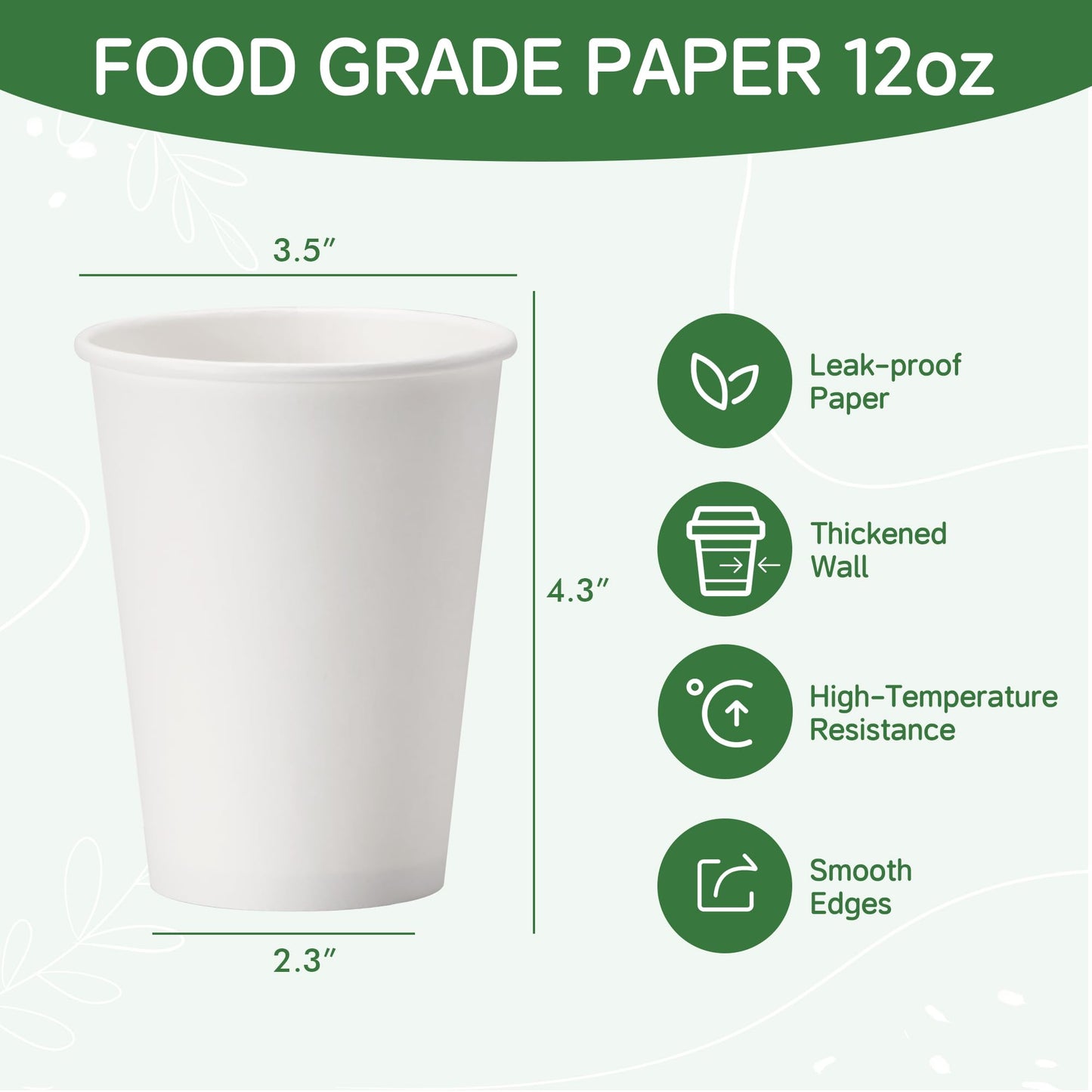ECOEXTRA Coffee Cups 12 oz 300 Pack, 12 oz Paper Cups, Hot Beverage Drinking Cups, White Paper Hot Disposable Coffee Cups, Suitable for Party, Picnic, Travel, and Events