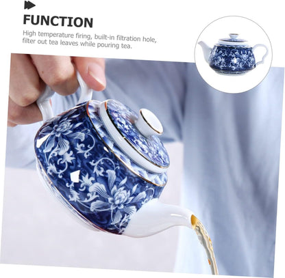 Uonlytech Ceramic Teapot, Blue and White Porcelain Travel Tea Kettle, Retro Portable Teapot with Handle