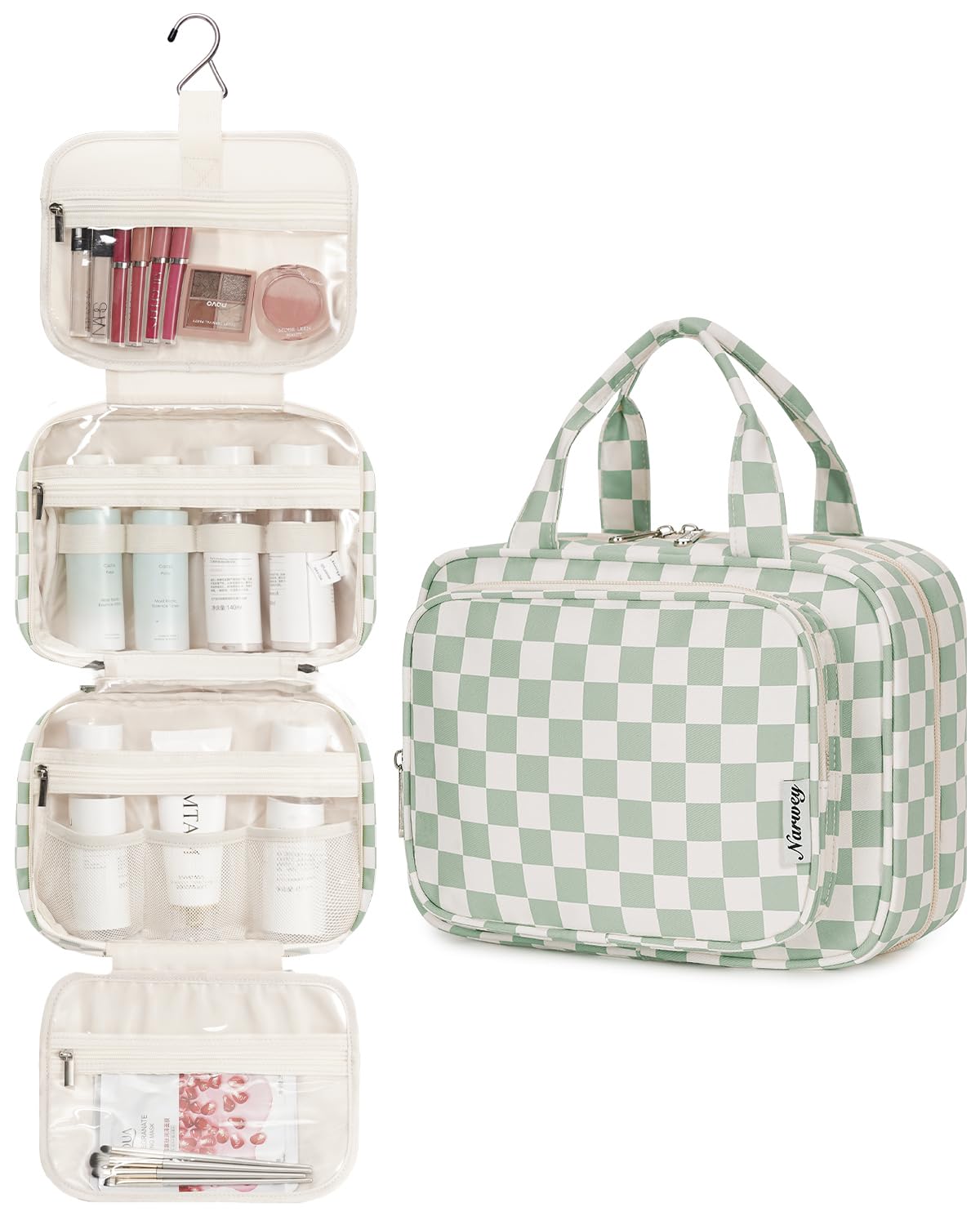 Narwey Hanging Toiletry Bag for Women Travel Checkered Makeup Bag Organizer Toiletries Bag for Travel Size Essentials Accessories Cosmetics (Mint Green Checkerboard (Medium))