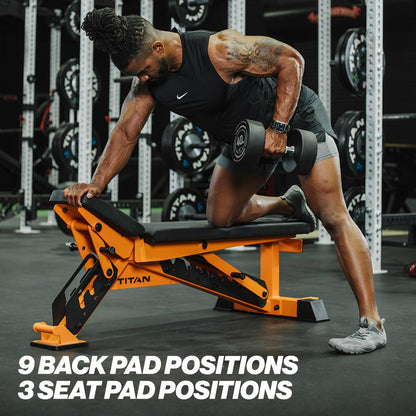 Titan Fitness TITAN Series Orange Adjustable Bench, Supports 600 LB Incline, 1,000 LB Flat, Versatile Single Post Utility Workout Bench for Home Gym, Weightlifting, Strength Training
