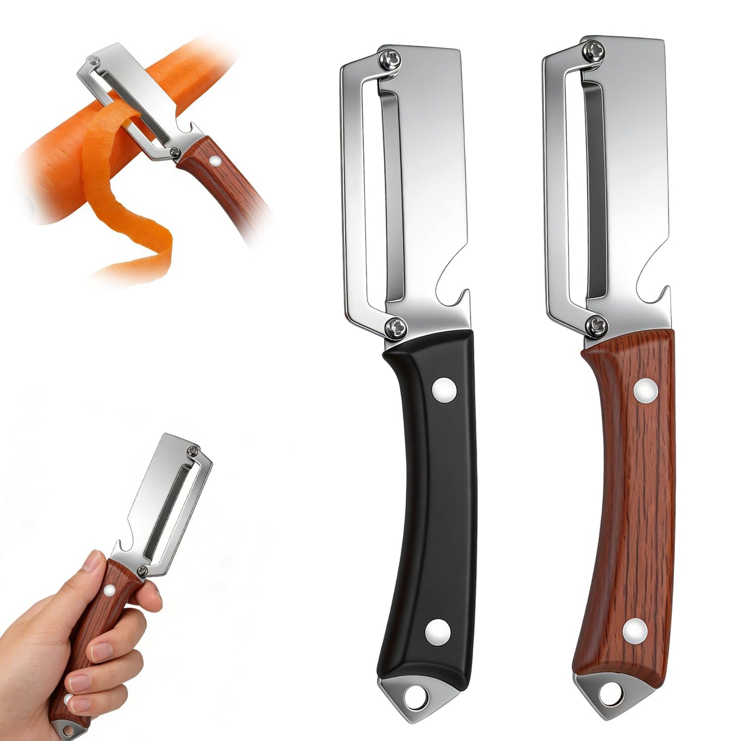2PCS Premium Vegetable Peeler with Wooden Handle and Bottle Opener,Multifunctional 2-in-1 Stainless Steel Kitchen Tool for Potato Fruit Pineapple Pumpkin Papaya Carrot Vegetable Peeler(Mix)