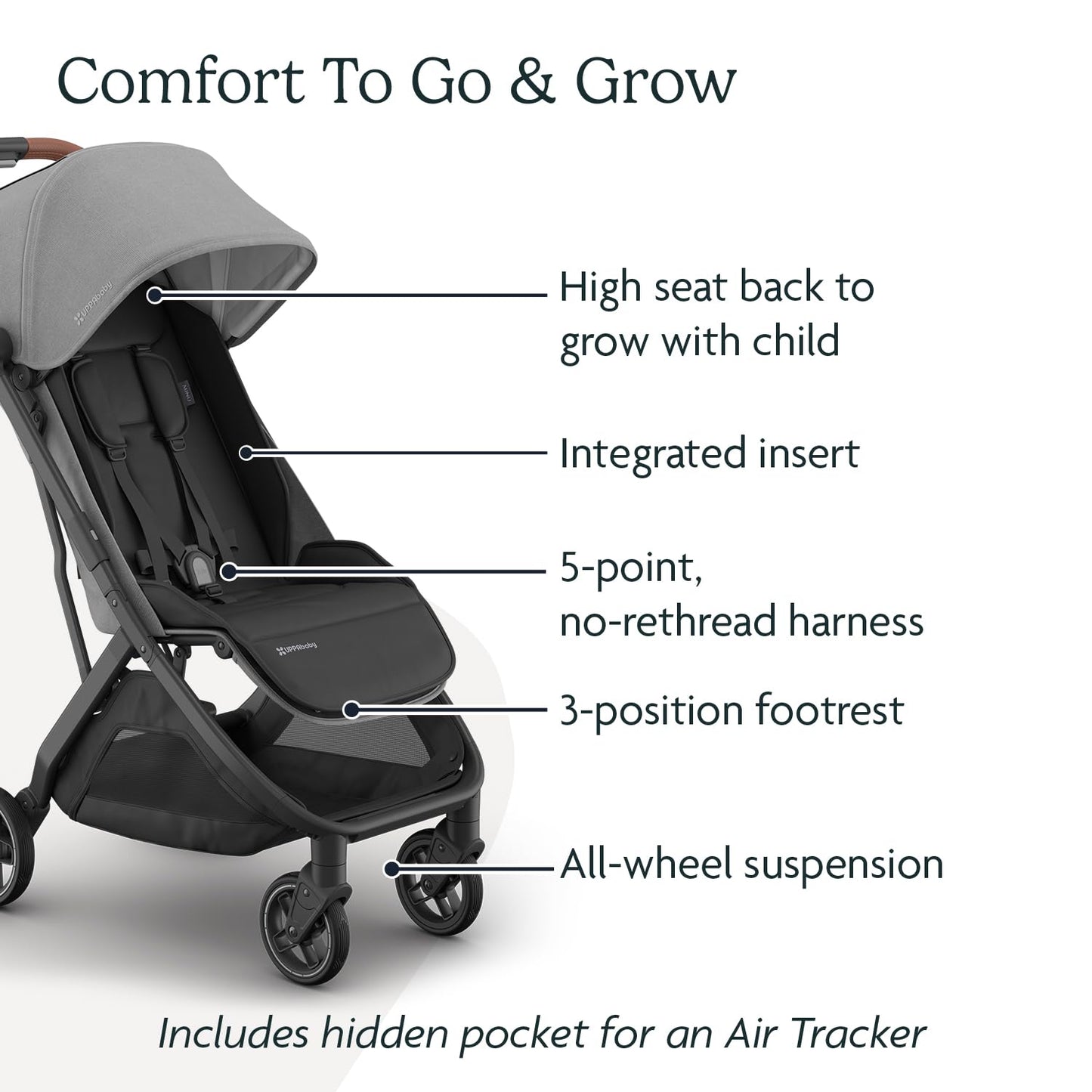 UPPAbaby Minu V3 Travel Stroller - Lightweight + Compact Design - One-Hand Fold + Unfold - from Birth + Overhead Compatible - Greyson (Charcoal Mélange/Carbon Frame/Saddle Leather)
