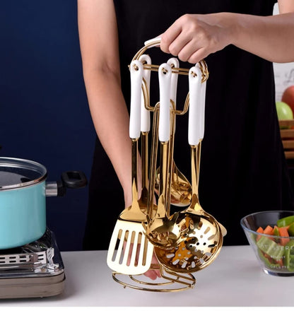 AQUAX Stainless Steel kitchenware seven Pieces Set (White Gold).Cooking Utensils 7 pcs Set with hanging shelf .Include Slotted Spoon, Slotted Spatula, Large Spoon, Soup Ladle, Spatula, Pasta spoon.