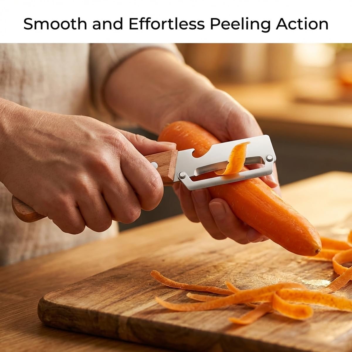 2 Pack Multifunctional Vegetable Peeler, 2-in-1 Kitchen Peeler with Bottle Opener, Sharp Stainless Steel Swivel Blade, Wooden Handle, for Potato, Carrot, Apple & Fruits