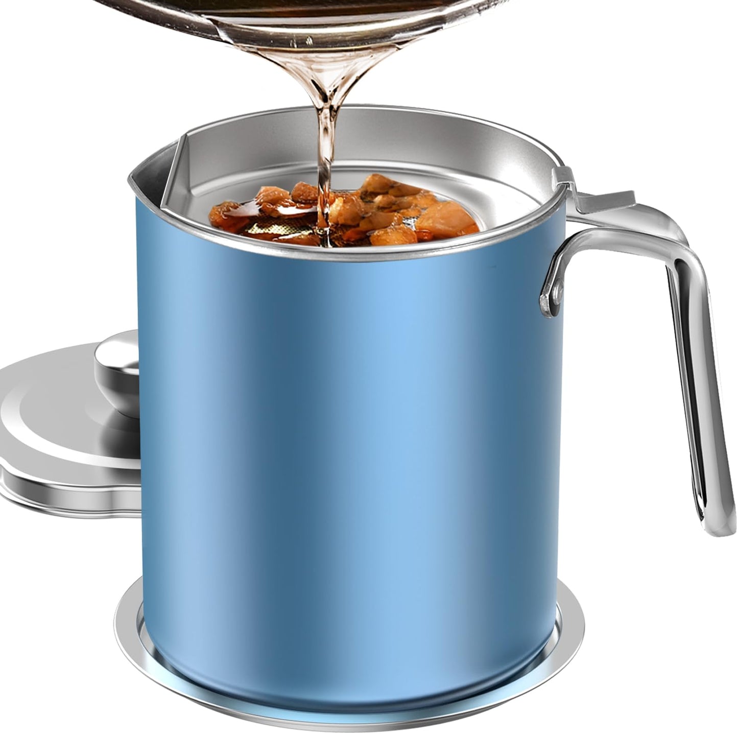 Chihee Grease Container Stainless Steel Bacon Grease Saver with Fine Mesh Strainer 2L / 67.6 fl oz Cooking Oil Keeper Stoarge Can with Dust-proof Lid Non-slip Tray for Kitchen Frying