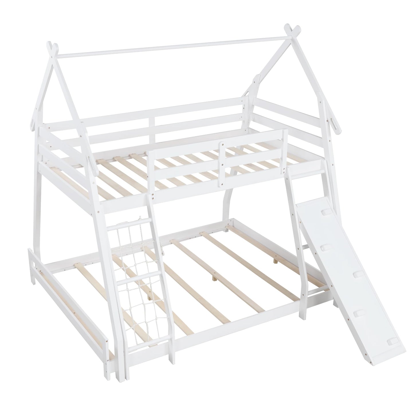 KOMFOTT Wood Twin Over Queen House Bunk Bed, Playhouse Floor Low Bunk Bed with Climbing Nets & Ramp, Space Saving Solid Wood Bunk Bed Frame with Safety Guardrails, Not Box Spring Required (White)
