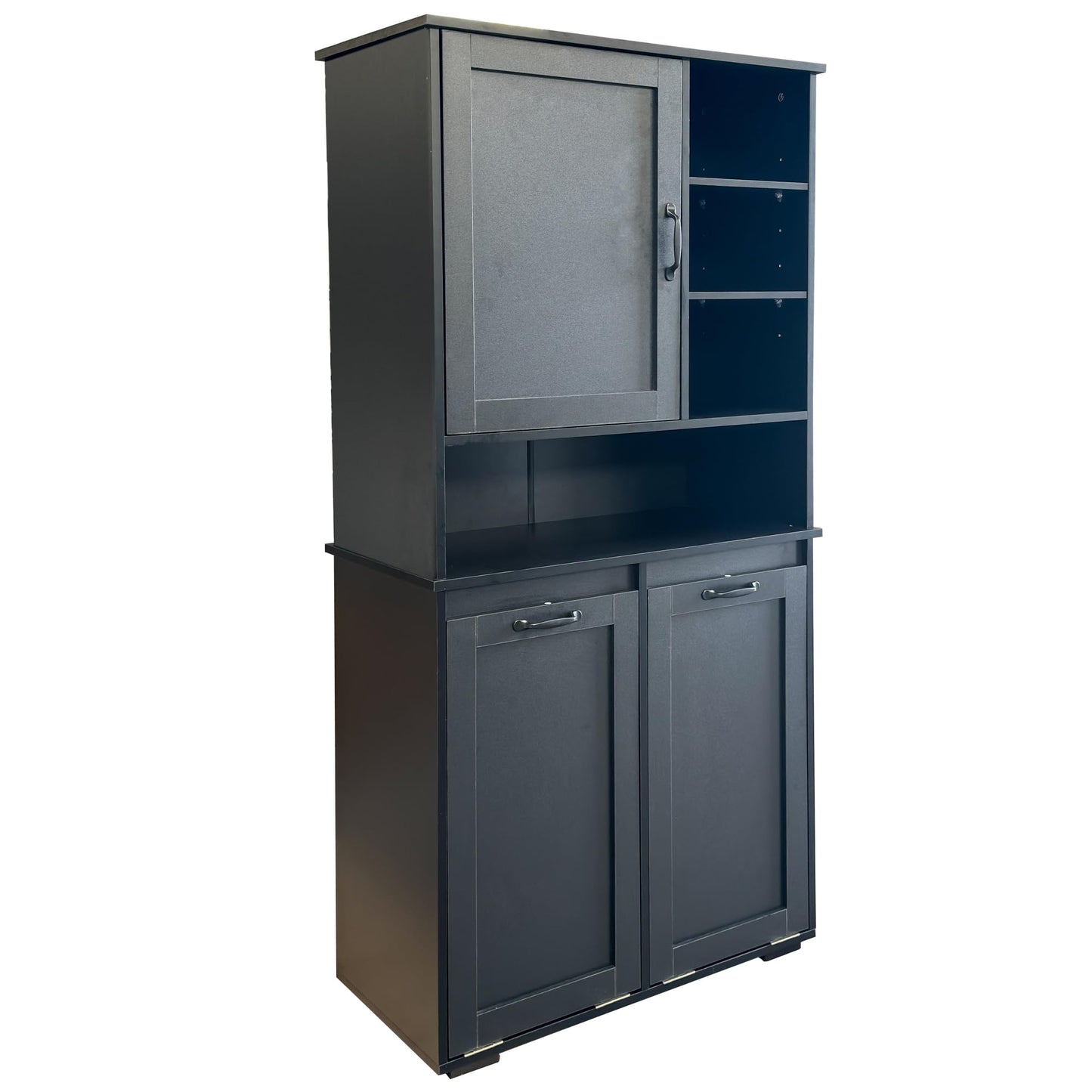 Roomfitters Tilt Out Laundry Hamper Cabinet with Hutch Modern Black Wooden Bathroom Storage Pantry Linen Tower, Black