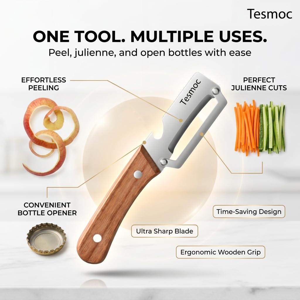 Multifunctional Fruit and Vegetable Peeler,Premium Stainless Steel Blade,Wooden Handle Hand Tool with Bottle Opener,Julienne Peeler for Potato,Cucumber,Orange,Pineapple,Veggie (2)