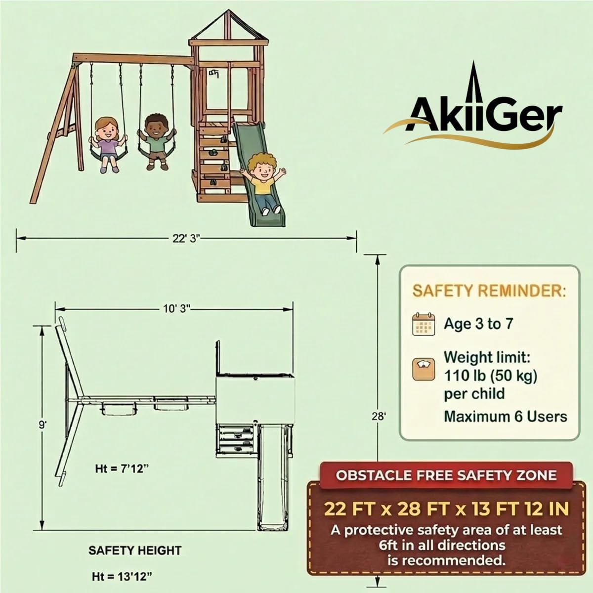 AkiiGer Cedar Wooden Backyard Playset with Swings, Wave Slide, Rock Wall Ladder, Sandbox Chalkboard & Canopy Roof, Outdoor Swing Set